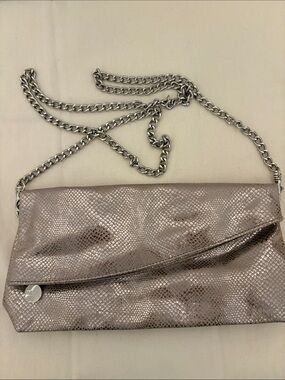 Mark. Metallic Taupe Snake-Embossed Mesh Clutch with detachable silver chain